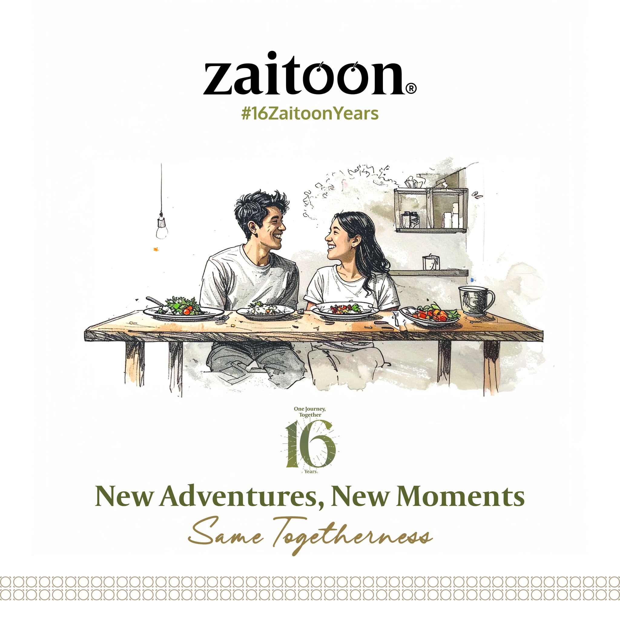 Watercolor of a couple sharing a meal — Zaitoon's 16-year anniversary illustration