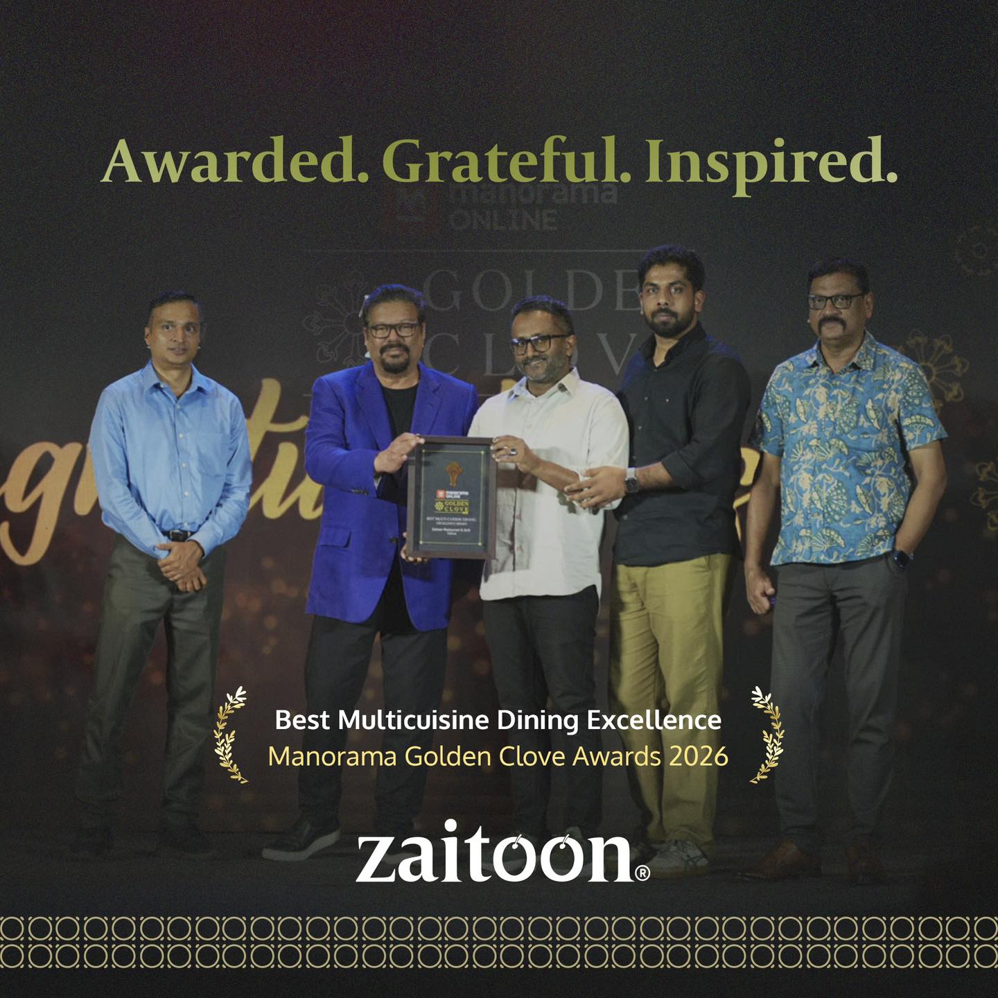 Zaitoon team accepting the Best Multicuisine Dining Excellence award at Manorama Golden Clove Awards 2026