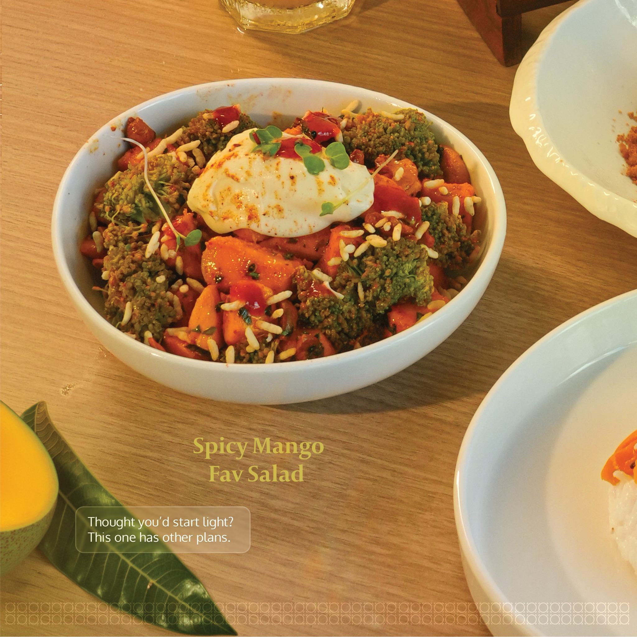 Spicy mango salad with broccoli and rice puff