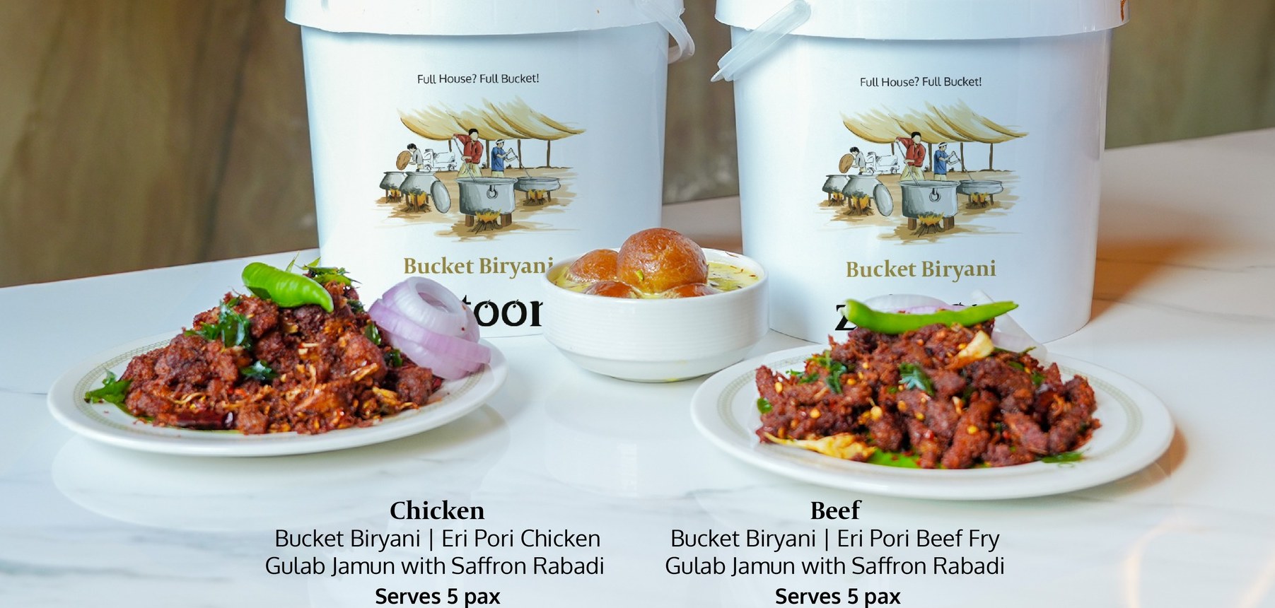 Zaitoon bucket biryani — chicken and beef — served family-style