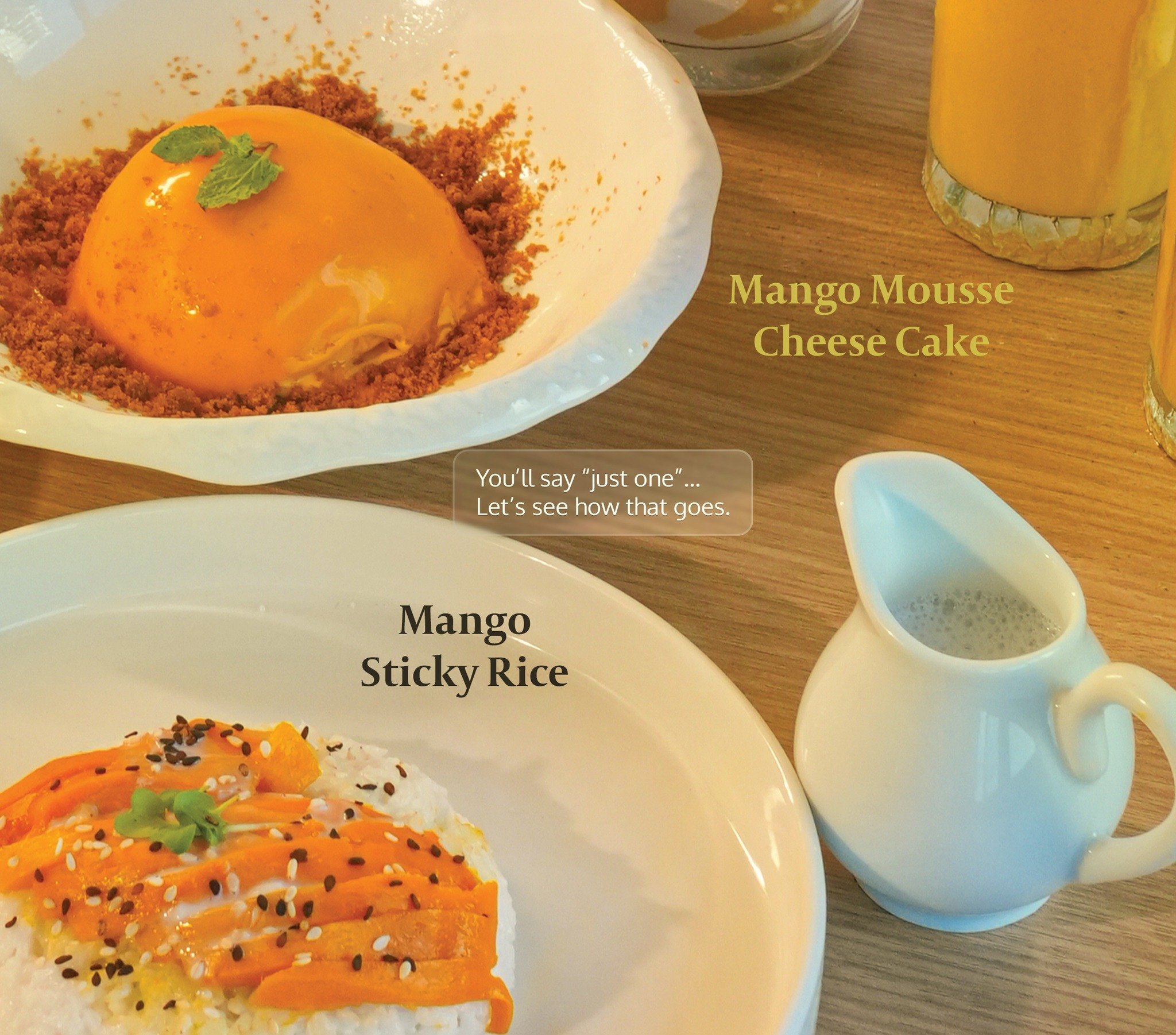 Mango mousse cheesecake and mango sticky rice plated