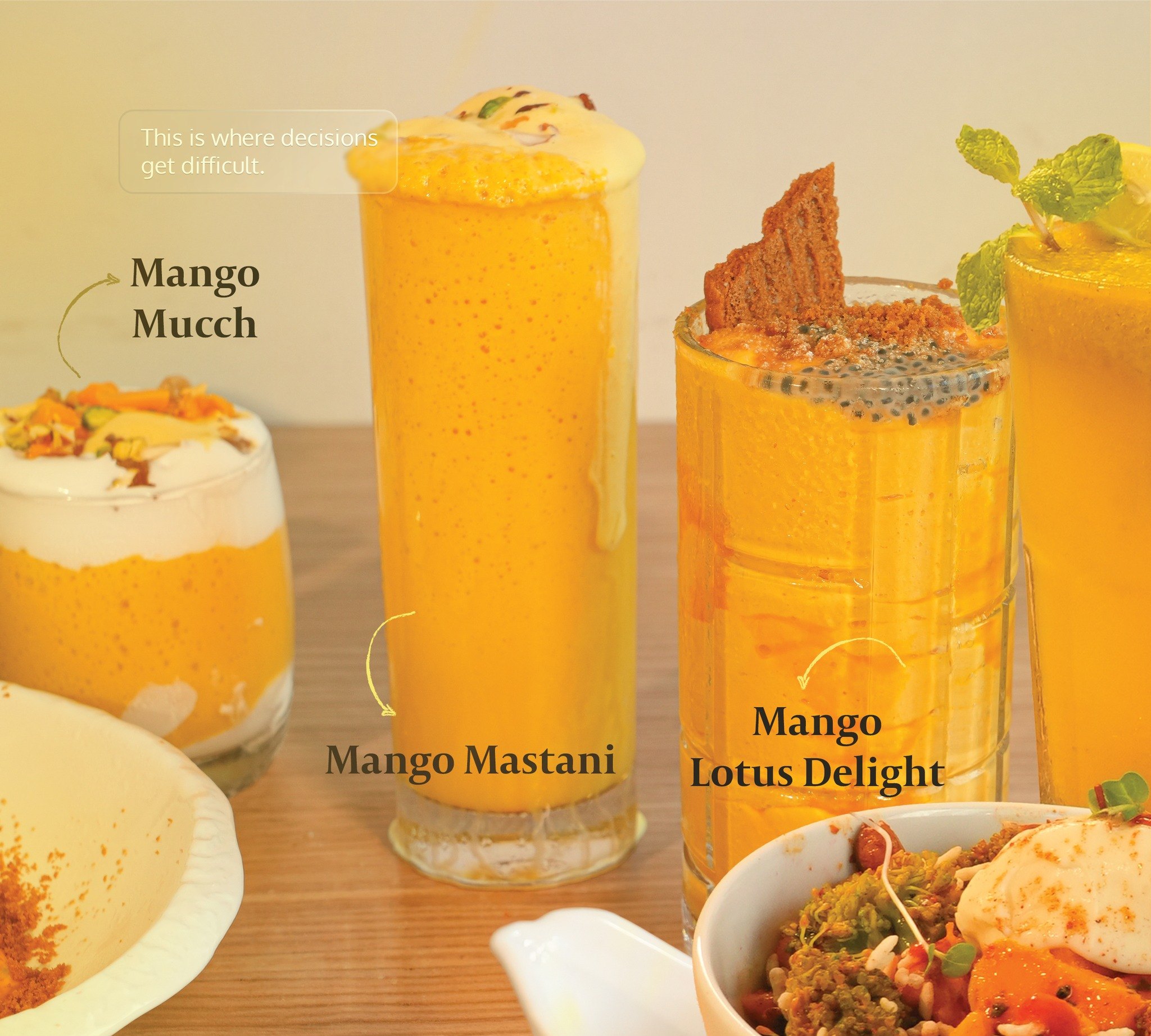 Mango Mastani, Mango Mucch and Mango Lotus Delight — tall iced mango drinks