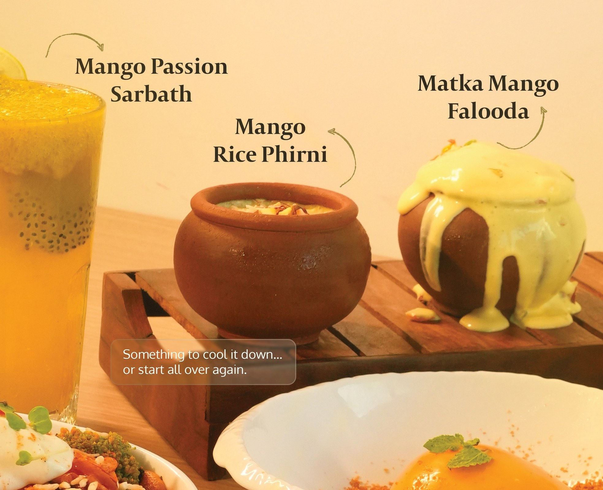 Matka Mango Falooda and Mango Rice Phirni served in clay pots